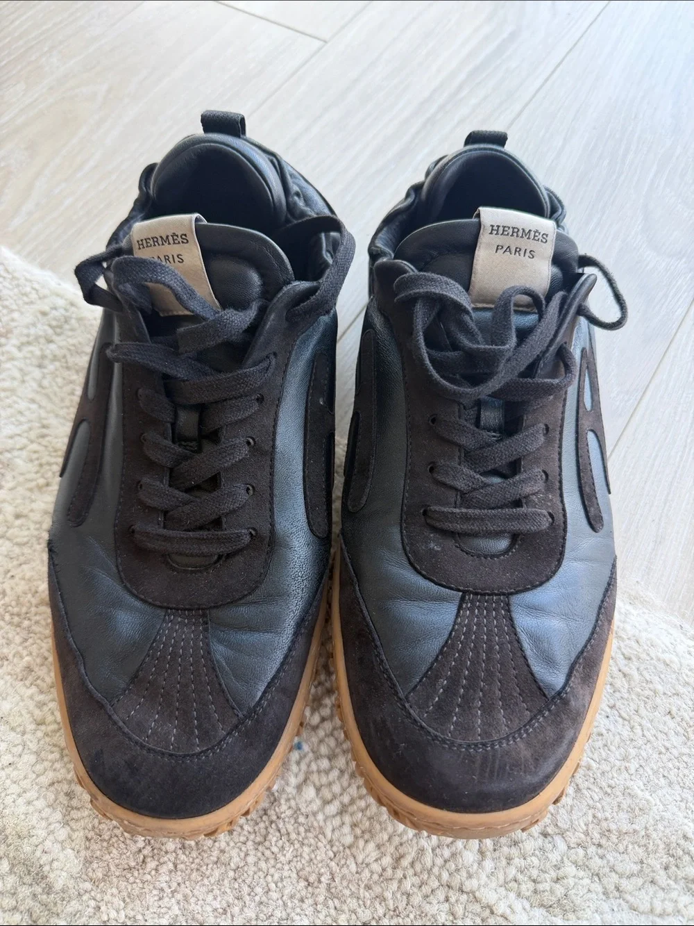 Hermes Black Leather & Suede Sneakers with Gum Sole